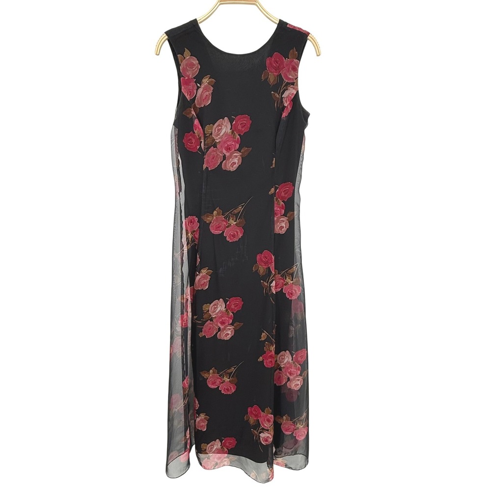 Scott McClintock Floral Midi Dress Womens 10 Black Pink V-Back Sheer Vintage
